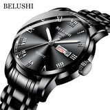 BELUSHI Top Brand Watch Men Stainless Steel Business Date Clock Waterproof Luminous Watches Mens Luxury Sport Quartz Wrist Watch