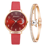 Women Watch Moon Numbers Dial Bracelet Watches Set Ladies Leather Band Quartz Wristwatch Women Female Clock Relogio Mujer Hot