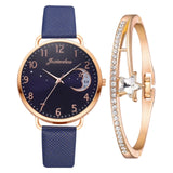 Women Watch Moon Numbers Dial Bracelet Watches Set Ladies Leather Band Quartz Wristwatch Women Female Clock Relogio Mujer Hot