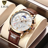 2022 LIGE Watches Mens Top Brand Luxury Clock Casual Leathe 24 Hour Moon Phase Men Watch Sport Waterproof Quartz Chronograph+Box