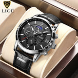 2022 LIGE Watches Mens Top Brand Luxury Clock Casual Leathe 24 Hour Moon Phase Men Watch Sport Waterproof Quartz Chronograph+Box