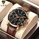 2022 LIGE Watches Mens Top Brand Luxury Clock Casual Leathe 24 Hour Moon Phase Men Watch Sport Waterproof Quartz Chronograph+Box