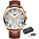 2022 LIGE Watch For Men Top Brand Luxury Waterproof 24 Hour Date Quartz Clock Brown Leather Sports WristWatch Relogio Masculino